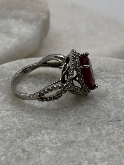 925 Sterling Silver Ruby Teadrop and White Topaz Ring - Size V/W