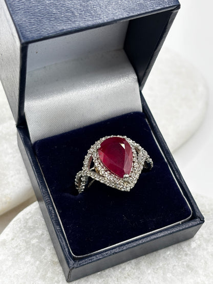 925 Sterling Silver Ruby Teadrop and White Topaz Ring - Size V/W