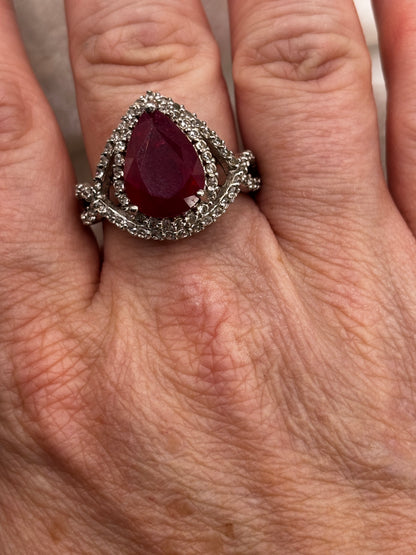 925 Sterling Silver Ruby Teadrop and White Topaz Ring - Size V/W