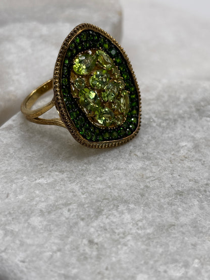925 Sterling Silver Gold Guilded Peridot and Chrome Diopside Statement Ring - Size Q