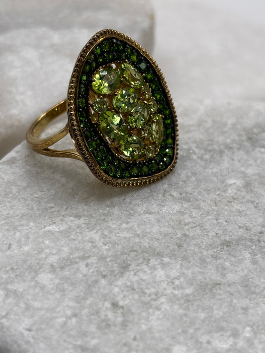 925 Sterling Silver Gold Guilded Peridot and Chrome Diopside Statement Ring - Size Q