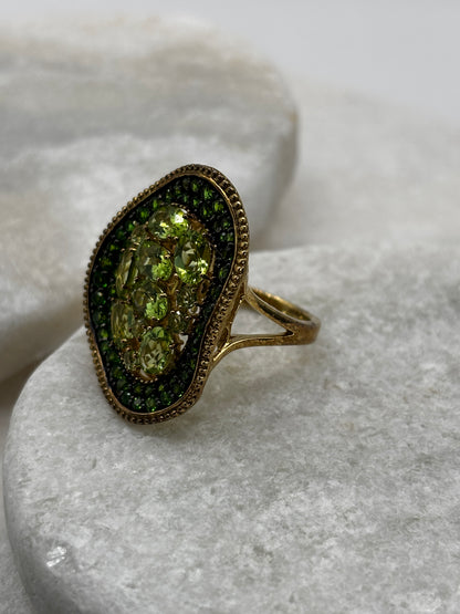 925 Sterling Silver Gold Guilded Peridot and Chrome Diopside Statement Ring - Size Q