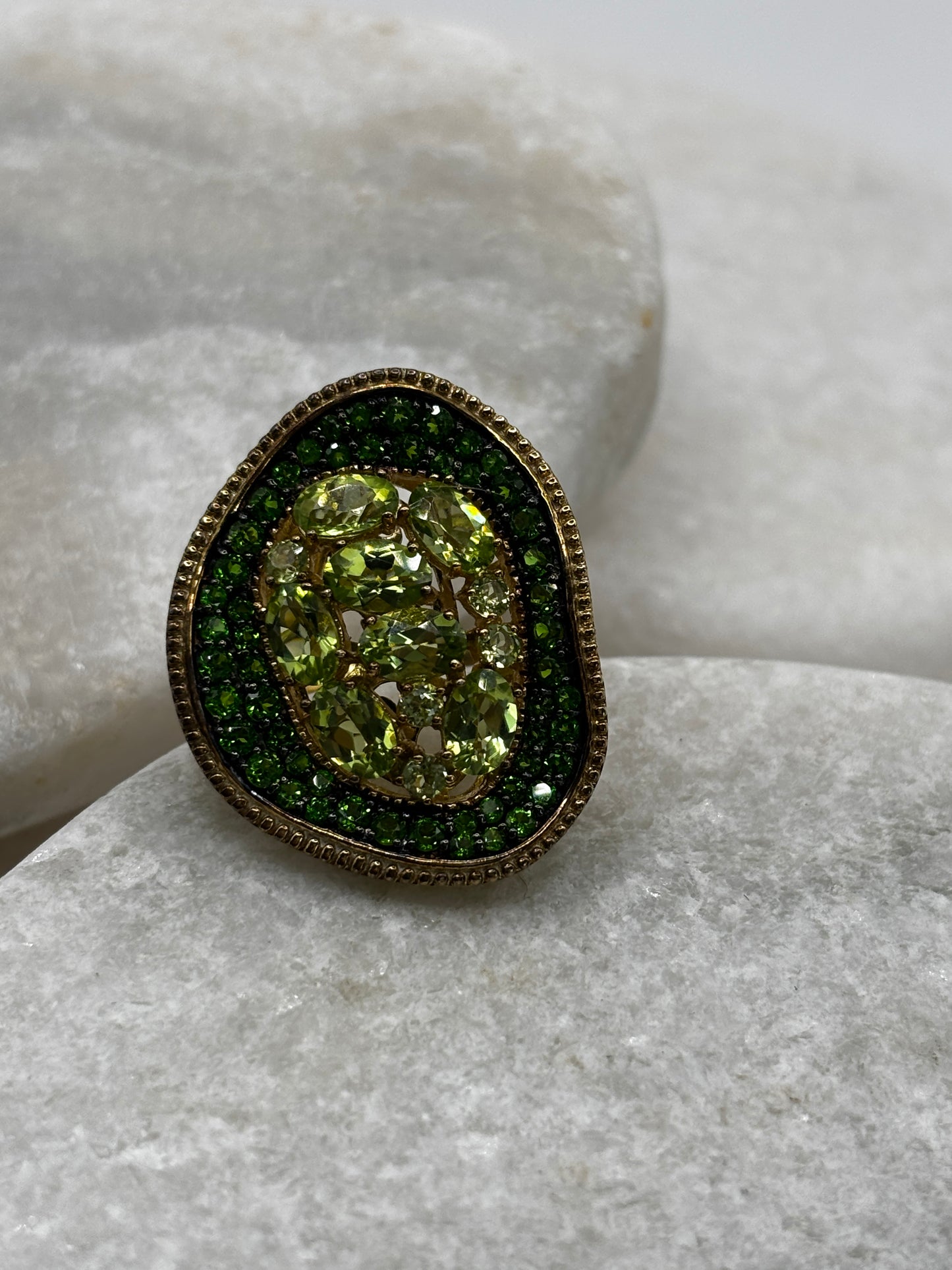 925 Sterling Silver Gold Guilded Peridot and Chrome Diopside Statement Ring - Size Q