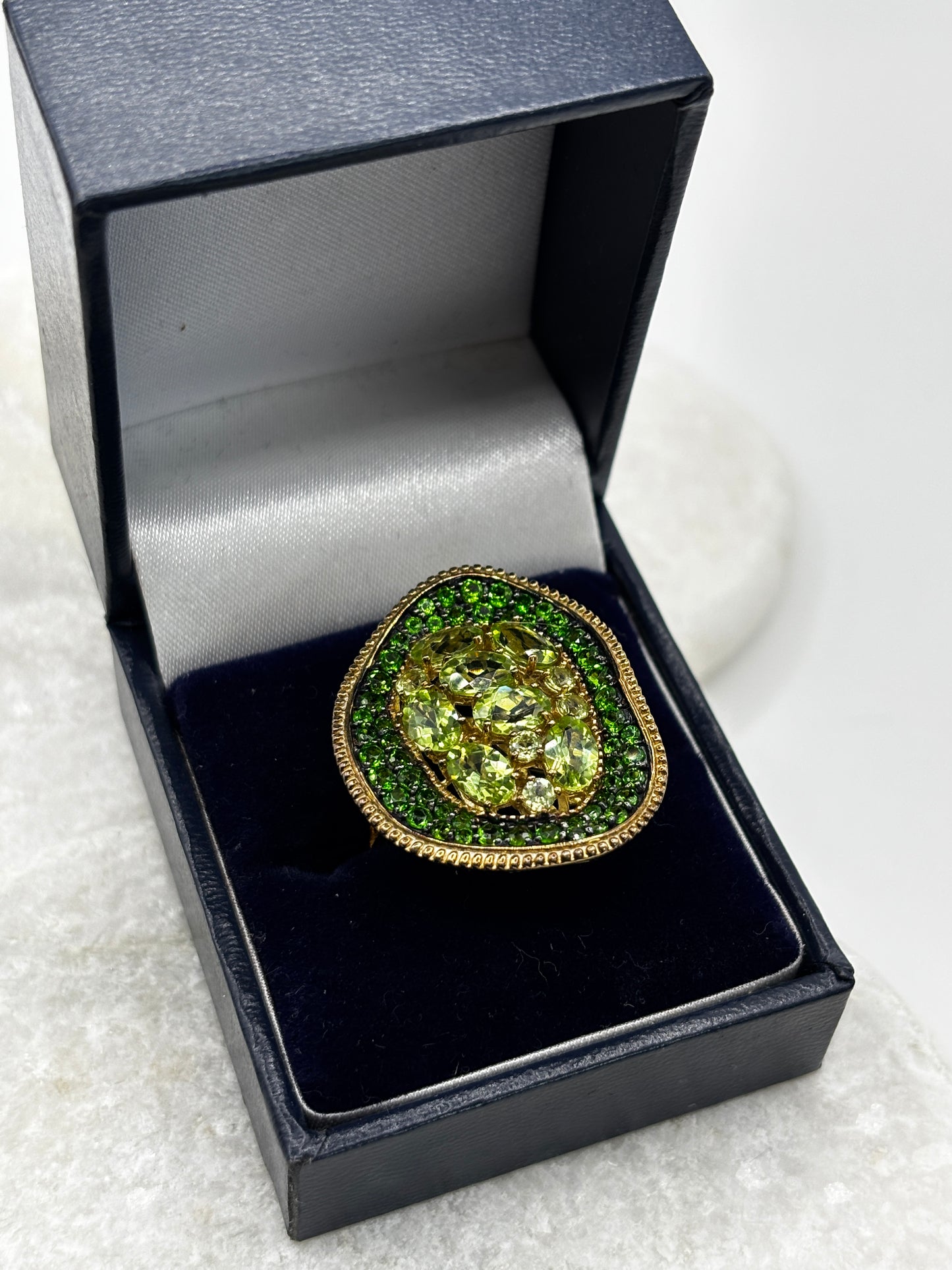 925 Sterling Silver Gold Guilded Peridot and Chrome Diopside Statement Ring - Size Q