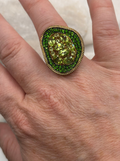 925 Sterling Silver Gold Guilded Peridot and Chrome Diopside Statement Ring - Size Q