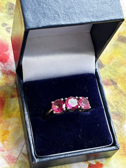 925 Sterling Silver Natural Pink Tourmaline Trilogy Ring - Size U
