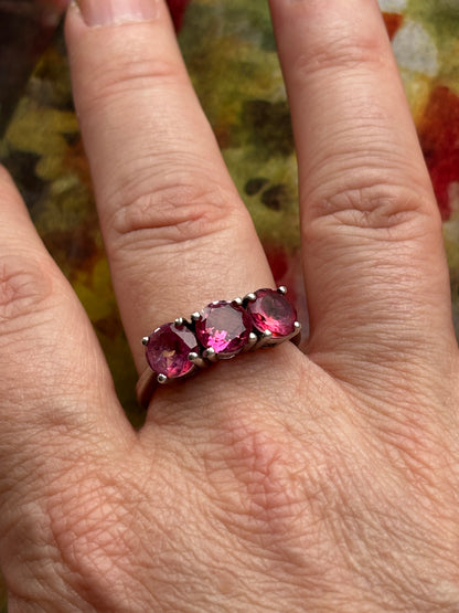 925 Sterling Silver Natural Pink Tourmaline Trilogy Ring - Size U