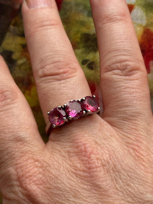 925 Sterling Silver Natural Pink Tourmaline Trilogy Ring - Size U