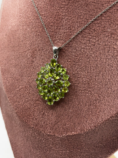 Natural Peridot Cluster Pendant Necklace – 925 Sterling Silver, 45cm Chain (One of a Kind)
