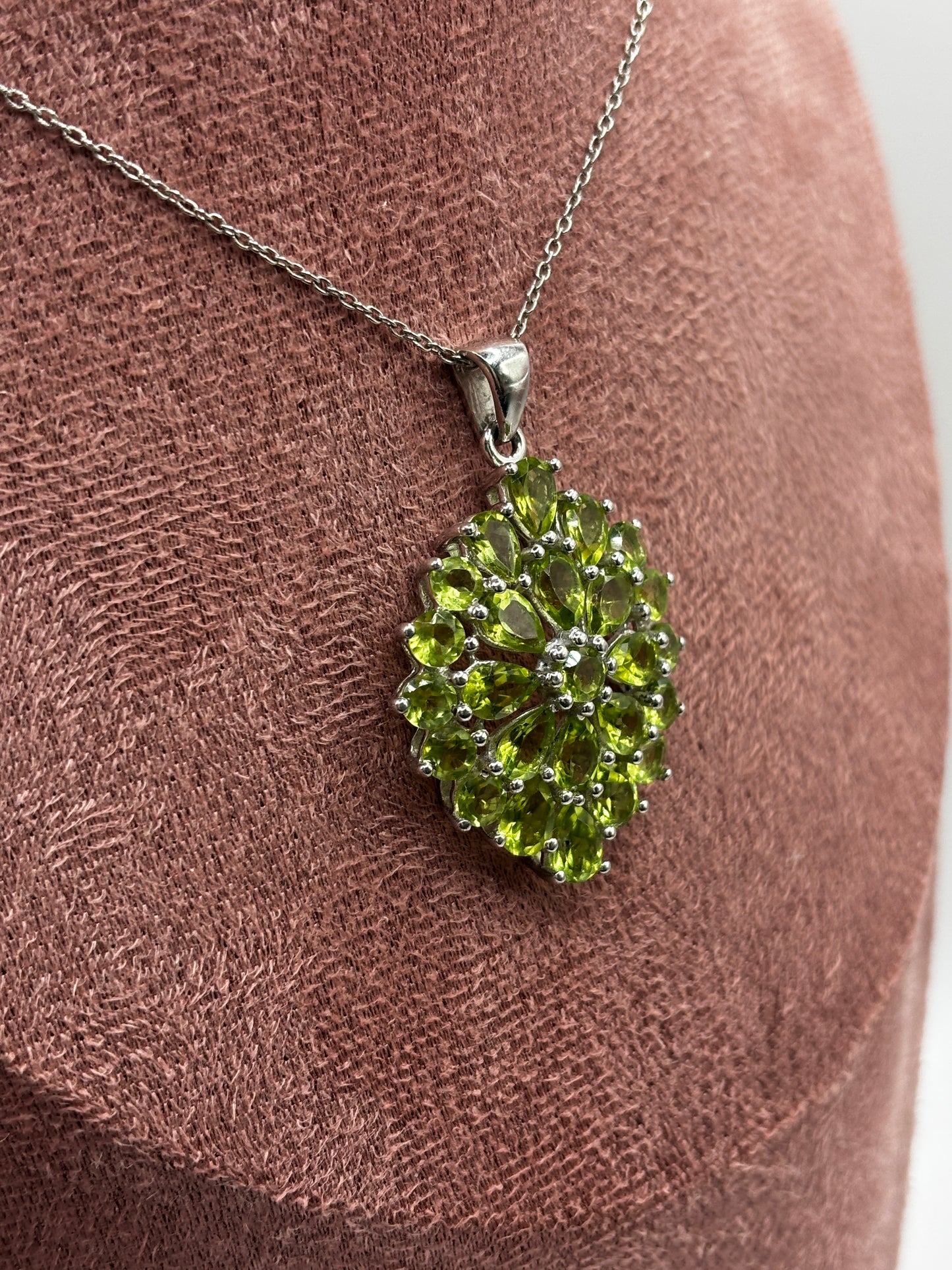 Natural Peridot Cluster Pendant Necklace – 925 Sterling Silver, 45cm Chain (One of a Kind)