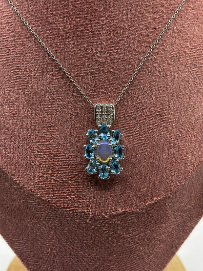 Genuine Opal & Swiss Blue Topaz Halo Pendant with Diamonds | 925 Sterling Silver | 45cm Chain | October Birthstone Necklace | One Available