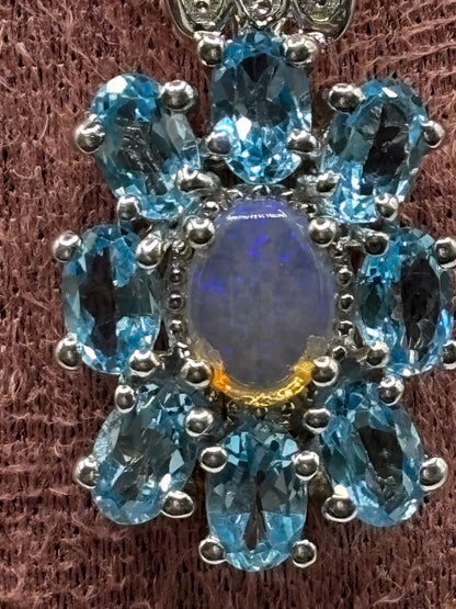 Genuine Opal & Swiss Blue Topaz Halo Pendant with Diamonds | 925 Sterling Silver | 45cm Chain | October Birthstone Necklace | One Available