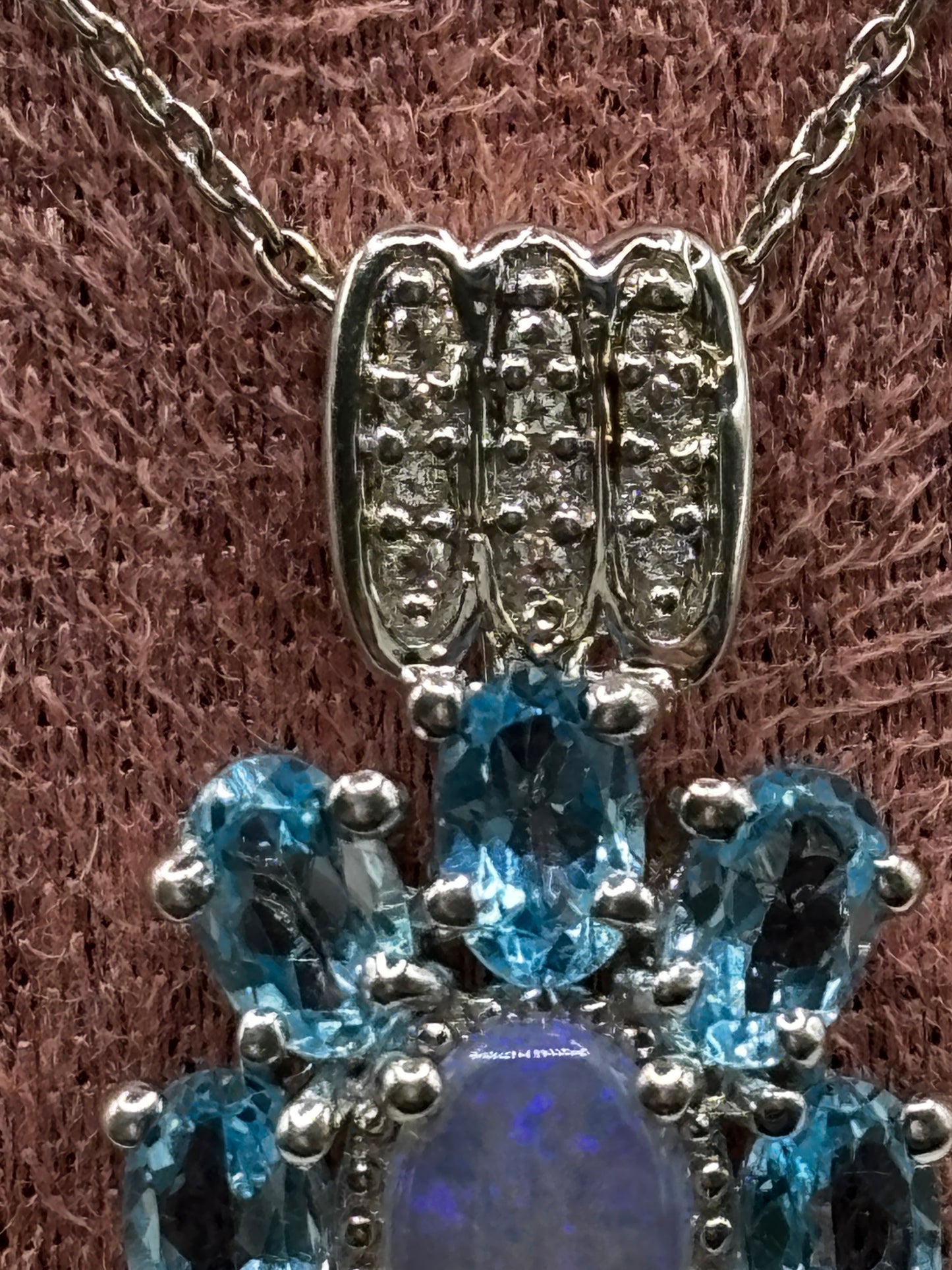 Genuine Opal & Swiss Blue Topaz Halo Pendant with Diamonds | 925 Sterling Silver | 45cm Chain | October Birthstone Necklace | One Available
