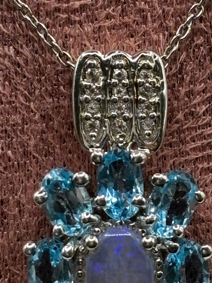 Genuine Opal & Swiss Blue Topaz Halo Pendant with Diamonds | 925 Sterling Silver | 45cm Chain | October Birthstone Necklace | One Available