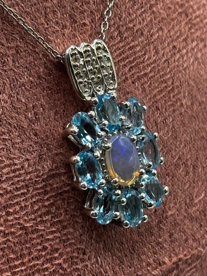 Genuine Opal & Swiss Blue Topaz Halo Pendant with Diamonds | 925 Sterling Silver | 45cm Chain | October Birthstone Necklace | One Available