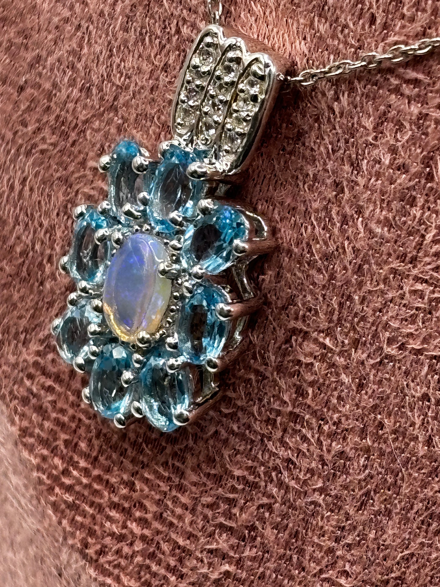 Genuine Opal & Swiss Blue Topaz Halo Pendant with Diamonds | 925 Sterling Silver | 45cm Chain | October Birthstone Necklace | One Available