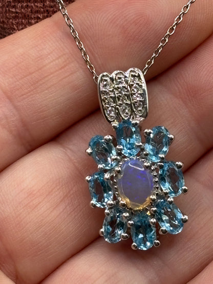 Genuine Opal & Swiss Blue Topaz Halo Pendant with Diamonds | 925 Sterling Silver | 45cm Chain | October Birthstone Necklace | One Available