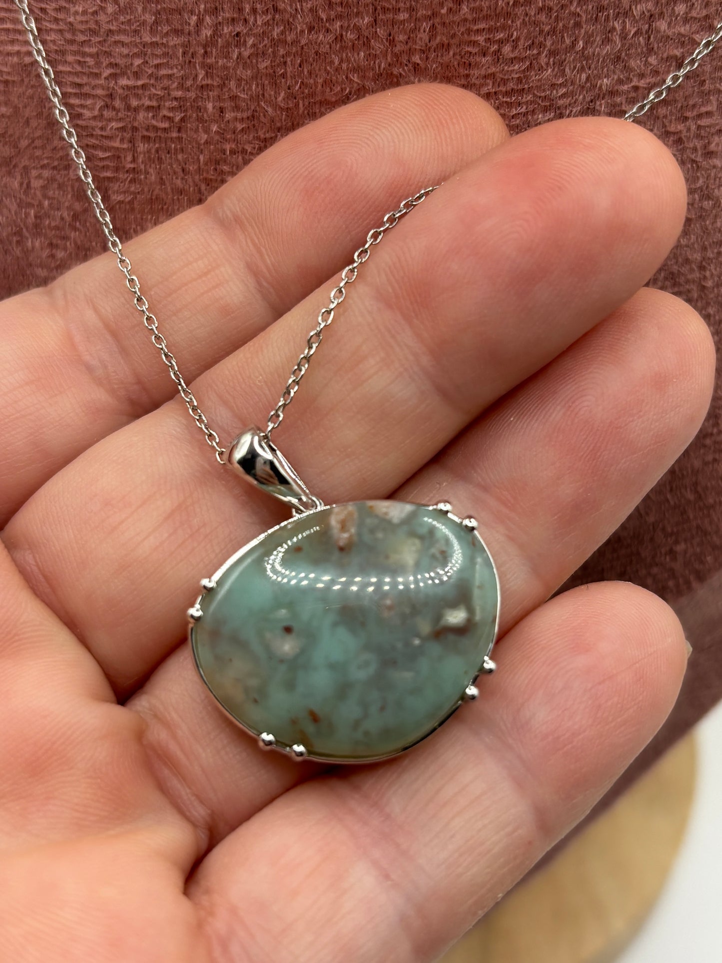 925 Sterling Silver Aquaprase Stone Pendant on 45cm Sterling Silver Chain