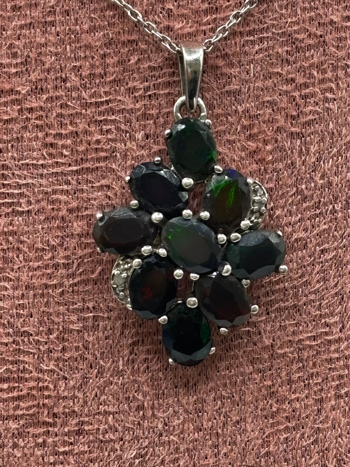 925 Sterling Silver Black Opal and Diamond Cluster Pendant