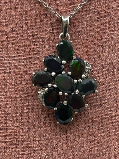 925 Sterling Silver Black Opal and Diamond Cluster Pendant