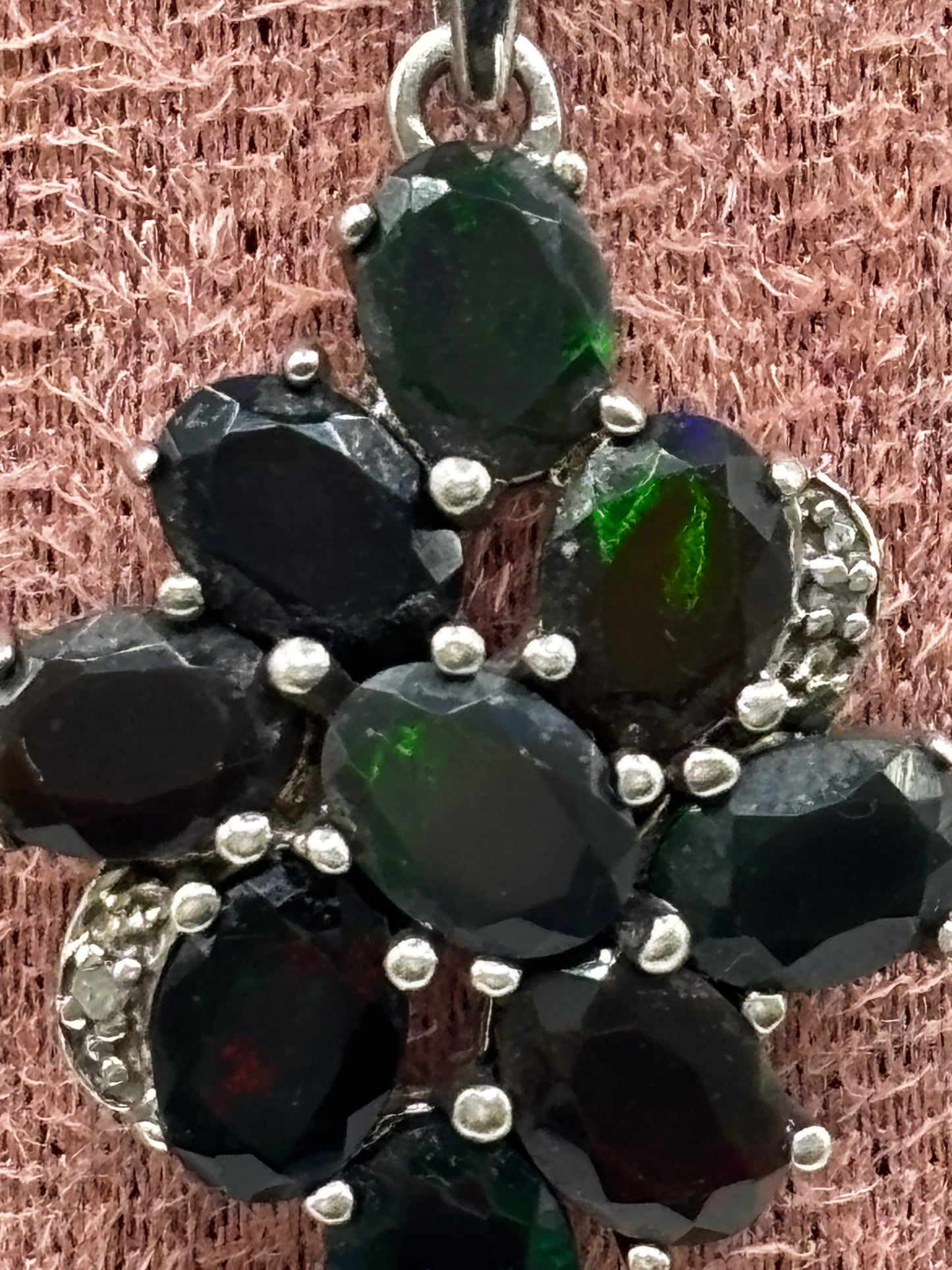 925 Sterling Silver Black Opal and Diamond Cluster Pendant