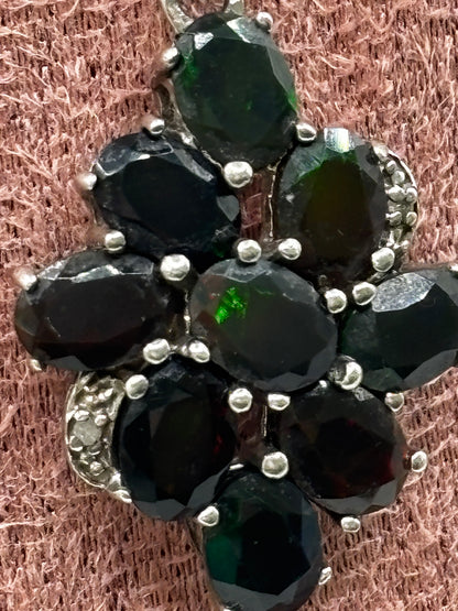 925 Sterling Silver Black Opal and Diamond Cluster Pendant
