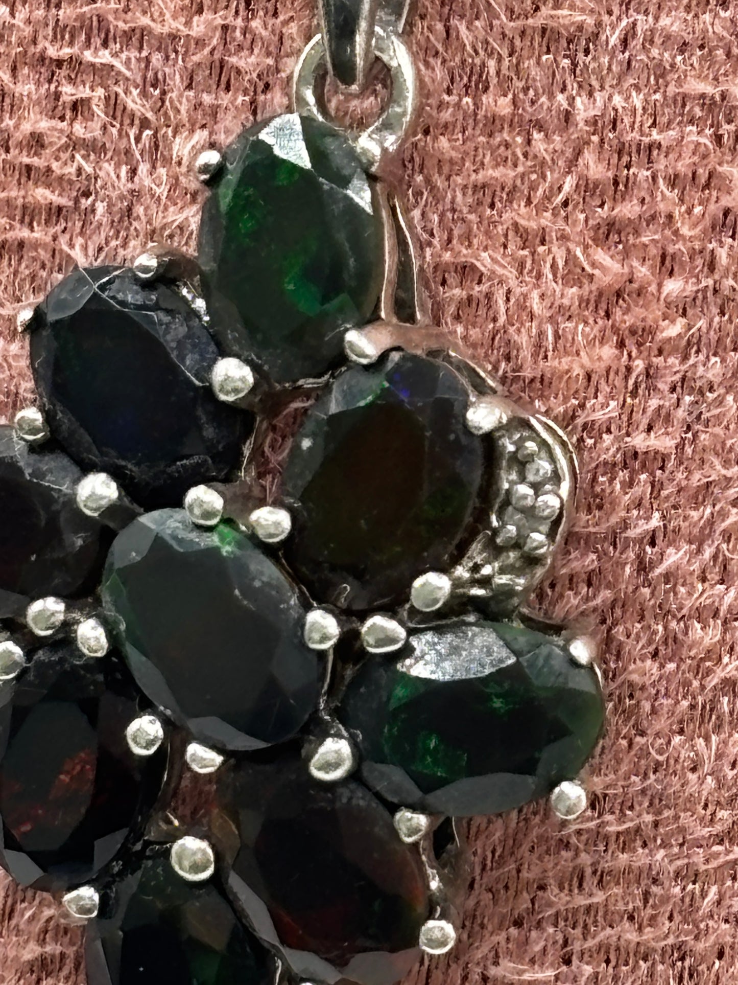 925 Sterling Silver Black Opal and Diamond Cluster Pendant