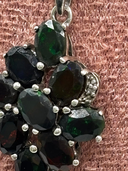 925 Sterling Silver Black Opal and Diamond Cluster Pendant