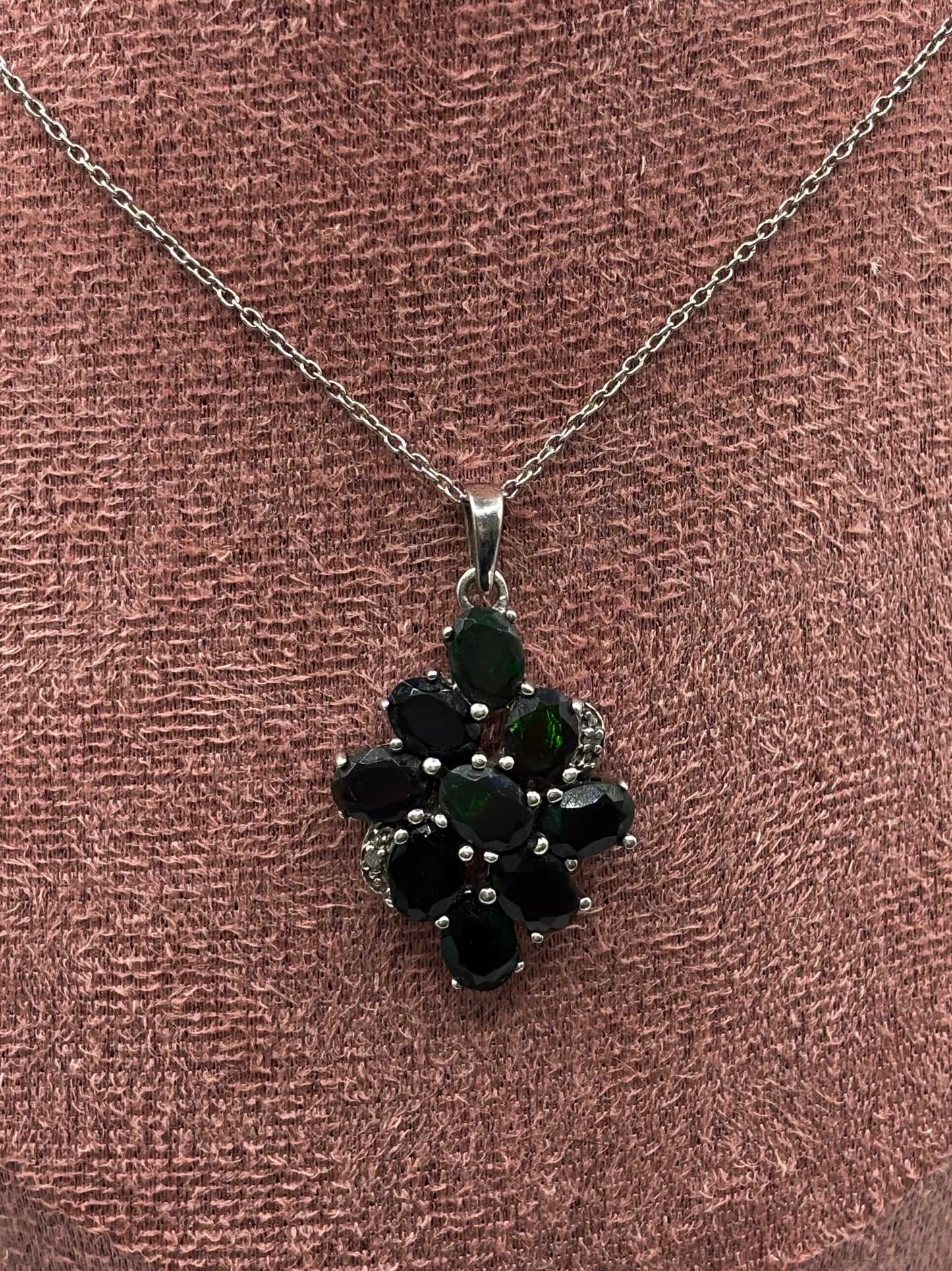 925 Sterling Silver Black Opal and Diamond Cluster Pendant