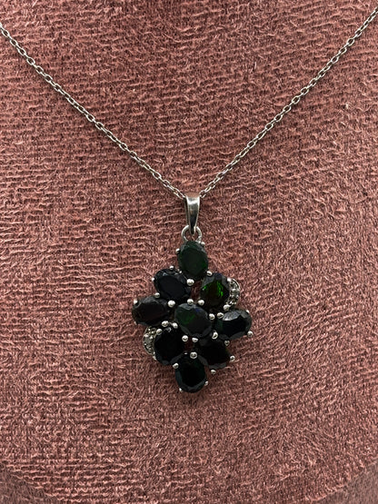 925 Sterling Silver Black Opal and Diamond Cluster Pendant