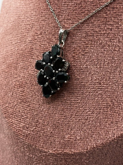 925 Sterling Silver Black Opal and Diamond Cluster Pendant