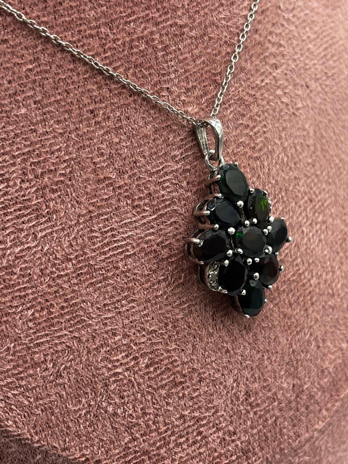 925 Sterling Silver Black Opal and Diamond Cluster Pendant