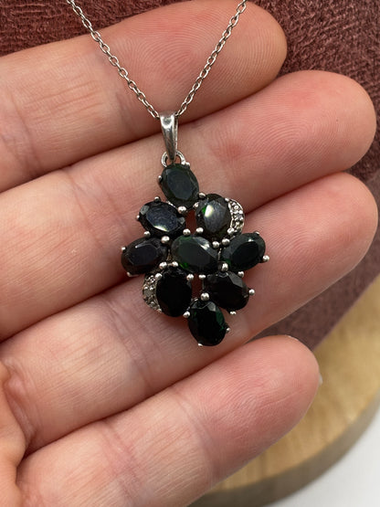 925 Sterling Silver Black Opal and Diamond Cluster Pendant