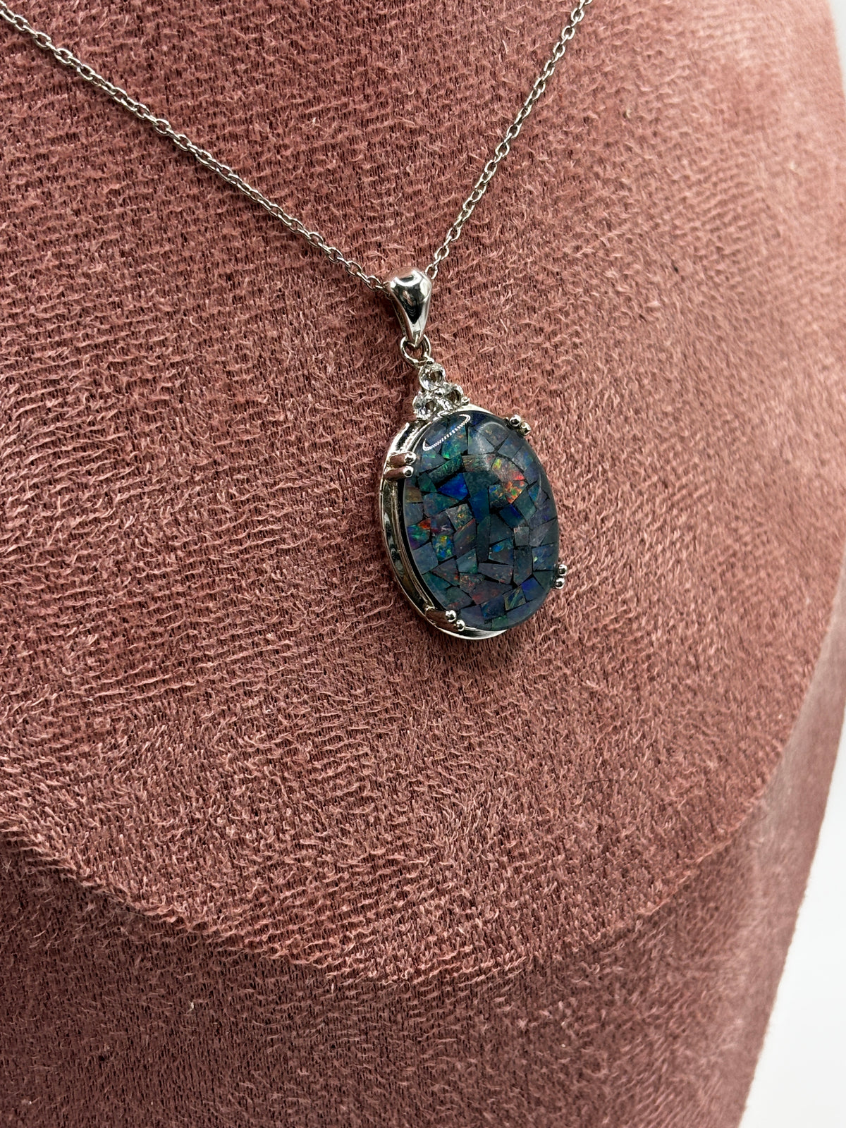 925 Sterling Silver Mosaic Opal Pendant on 45cm Sterling Silver Chain