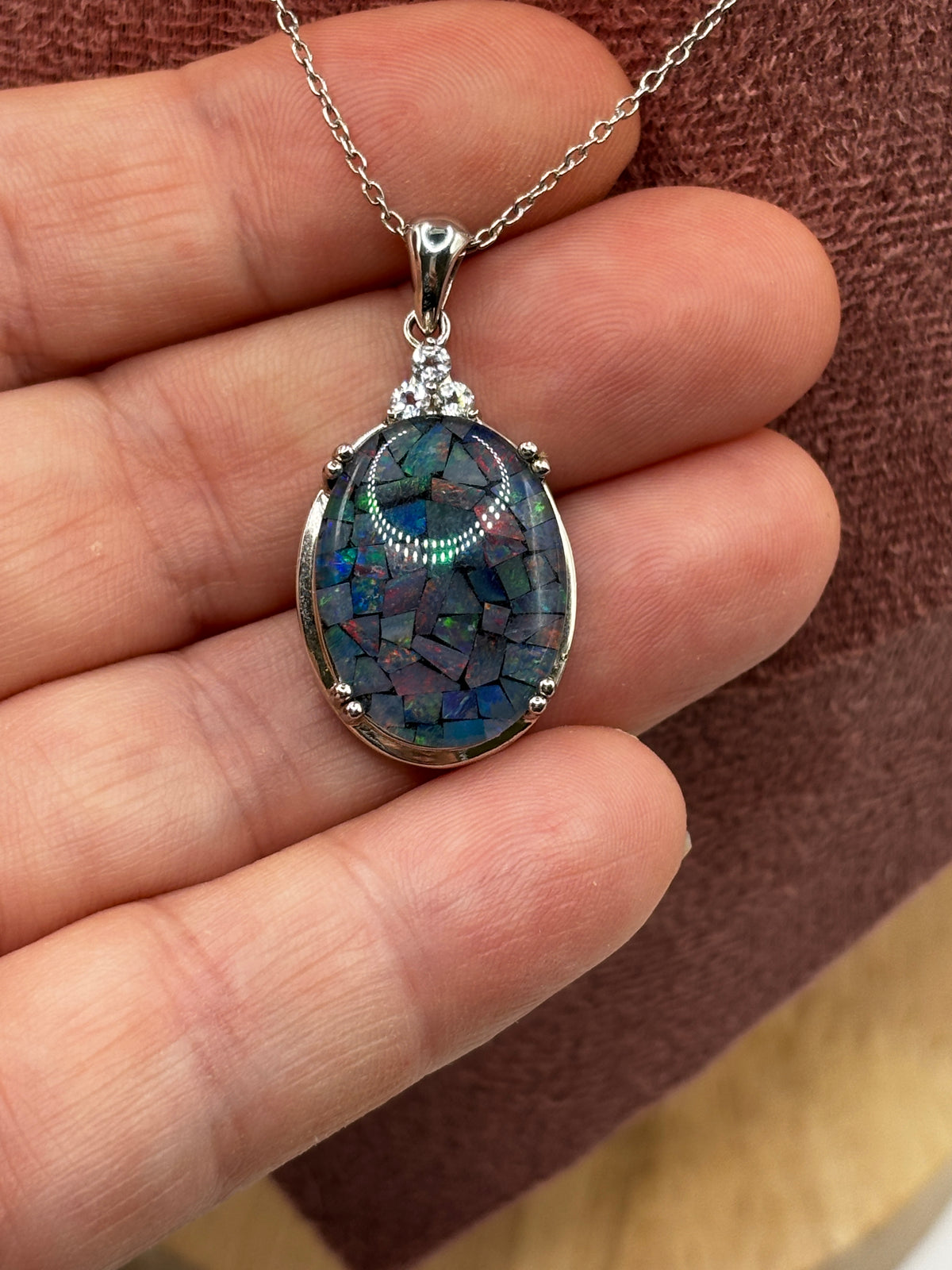 925 Sterling Silver Mosaic Opal Pendant on 45cm Sterling Silver Chain