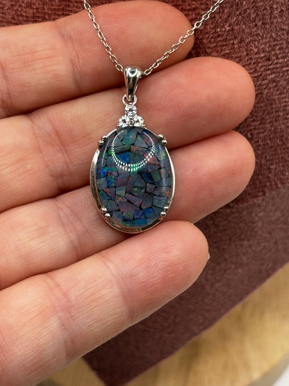925 Sterling Silver Mosaic Opal Pendant on 45cm Sterling Silver Chain
