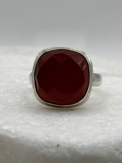 925 Sterling Silver Carnelian Faceted Statement Ring - Size V