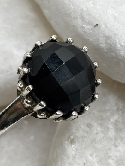 Vintage 925 Sterling Silver Channel Black Spinel Flower Ring - Size V