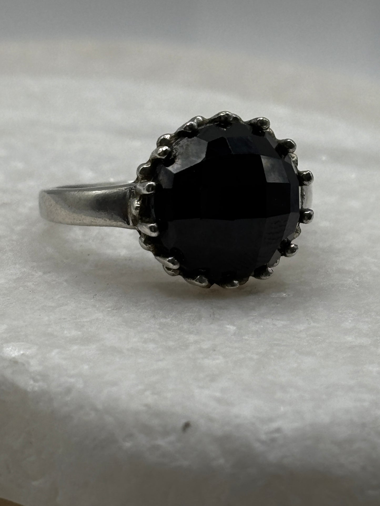 Vintage 925 Sterling Silver Channel Black Spinel Flower Ring - Size V