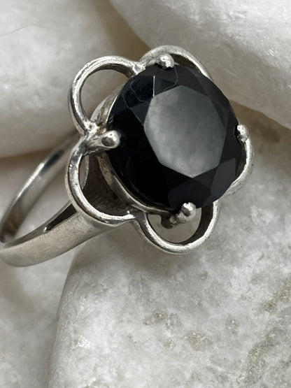 925 Sterling Silver Black Spinel Vintage Flower Ring - Size V