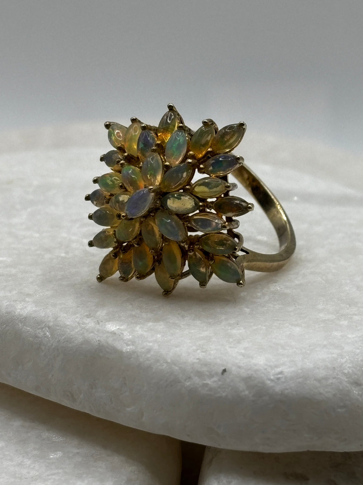 925 Sterling Silver Gilded Opal Cluster Ring - Size Z