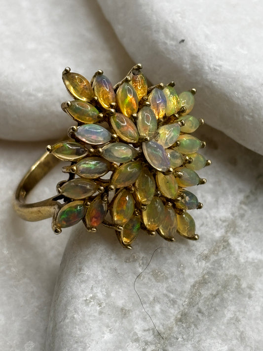 925 Sterling Silver Gilded Opal Cluster Ring - Size Z