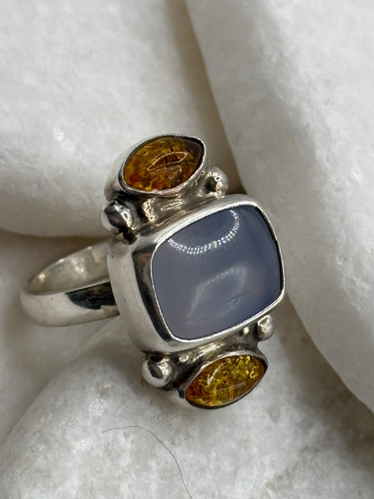 925 Sterling Silver Baltic Amber and Blue Chalcedony Ring - Size M/N