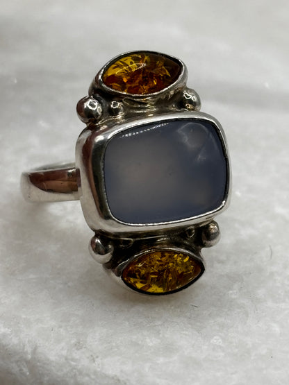 925 Sterling Silver Baltic Amber and Blue Chalcedony Ring - Size M/N