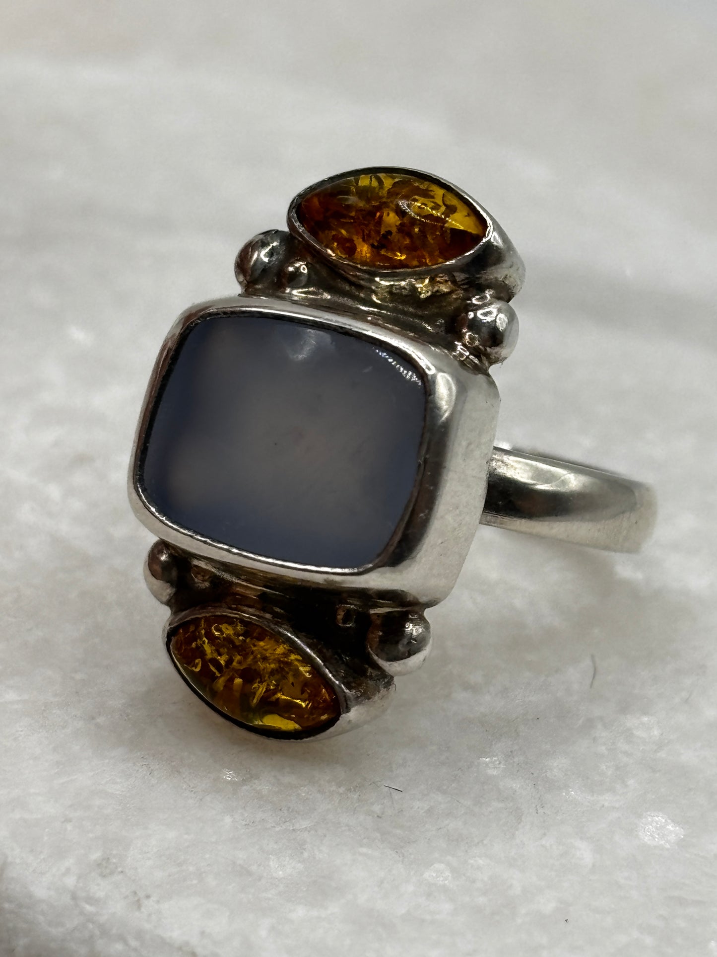 925 Sterling Silver Baltic Amber and Blue Chalcedony Ring - Size M/N
