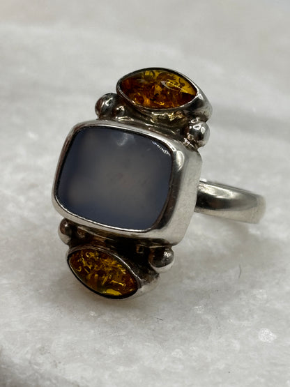 925 Sterling Silver Baltic Amber and Blue Chalcedony Ring - Size M/N