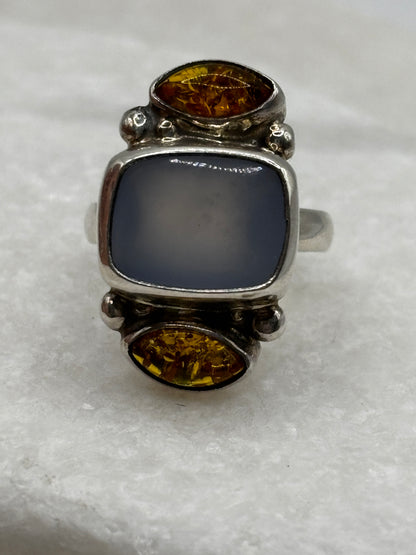 925 Sterling Silver Baltic Amber and Blue Chalcedony Ring - Size M/N