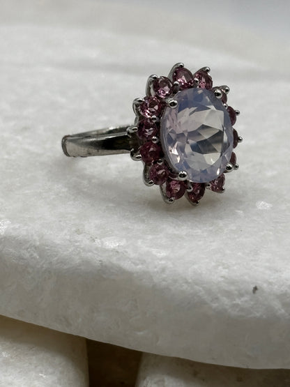 925 Sterling Silver Lavender Quartz and Pink Tourmaline Halo Ring - Size L