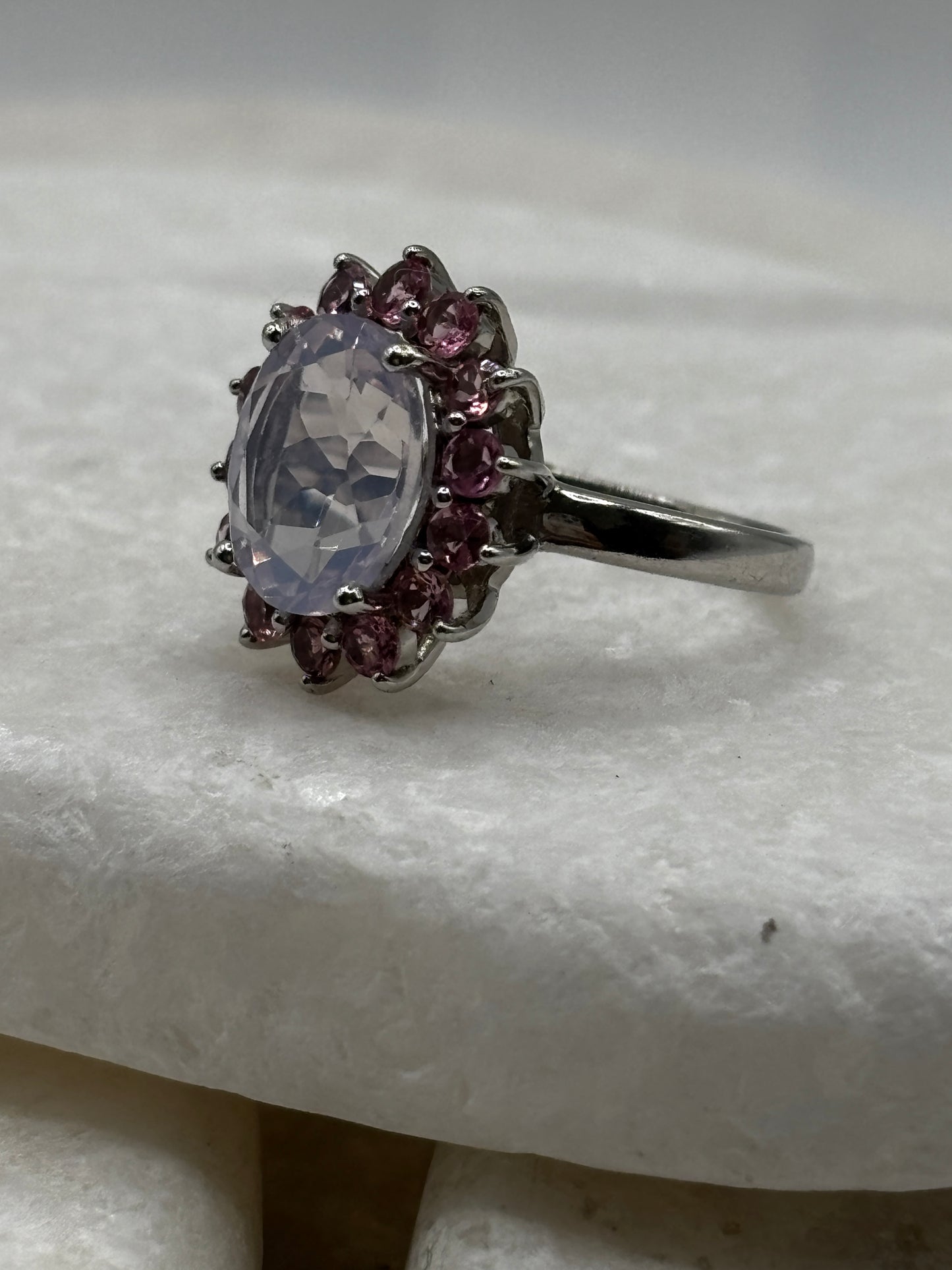 925 Sterling Silver Lavender Quartz and Pink Tourmaline Halo Ring - Size L