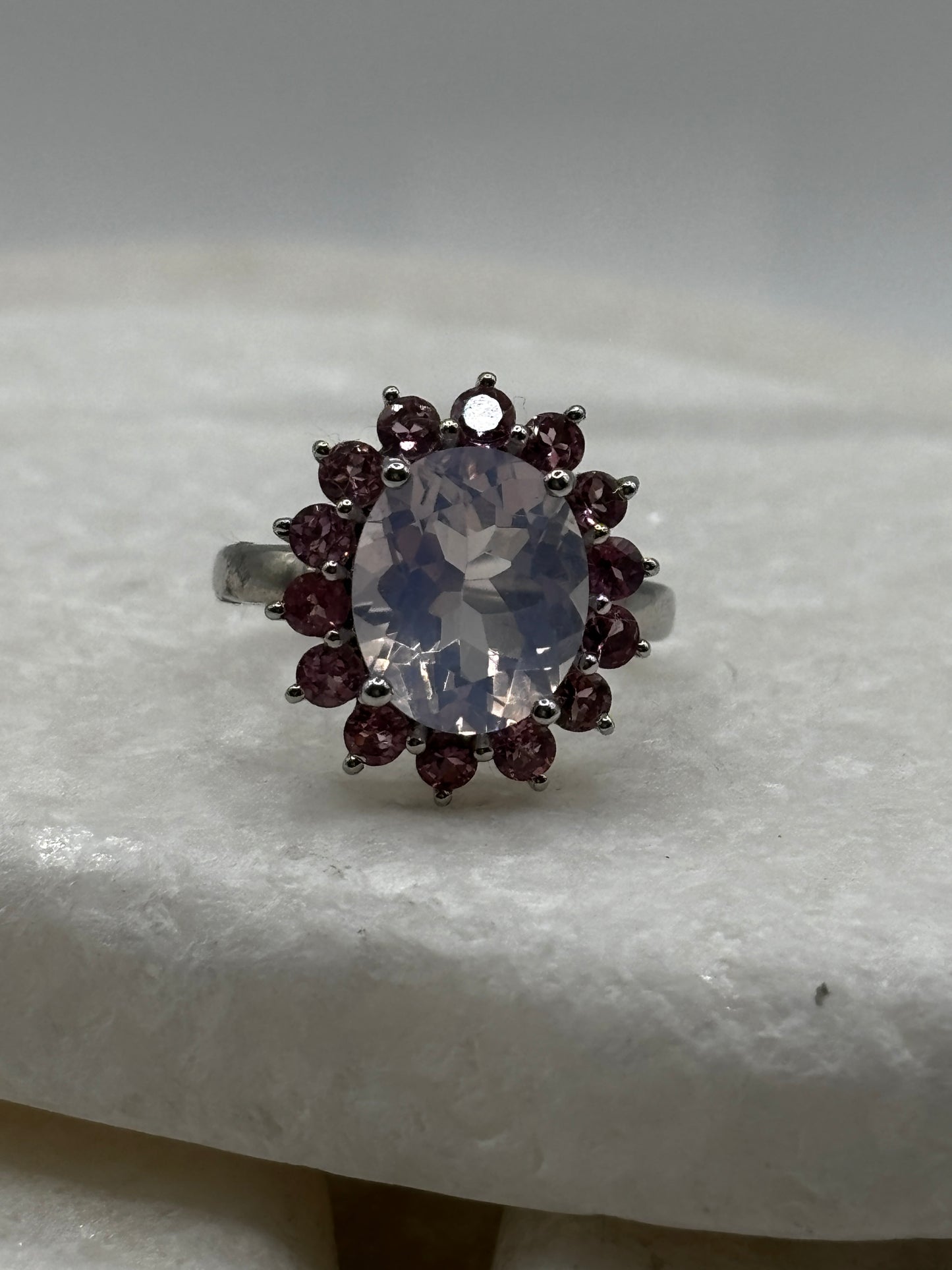 925 Sterling Silver Lavender Quartz and Pink Tourmaline Halo Ring - Size L